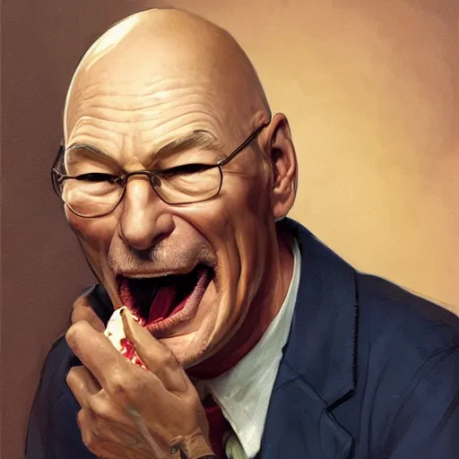 Image similar to portrait of Patrick Stewart opening his mouth to eat pizza, highly detailed, digital painting, artstation, concept art, sharp focus, illustration, art by artgerm and greg rutkowski and alphonse mucha