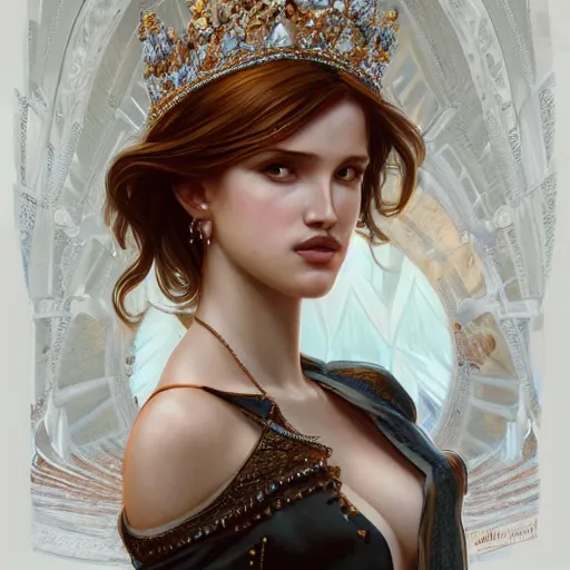 Image similar to ultra realistic illustration, bella thorne wearing princess crown, intricate, elegant, highly detailed, digital painting, artstation, concept art, smooth, sharp focus, illustration, art by artgerm and greg rutkowski and alphonse mucha