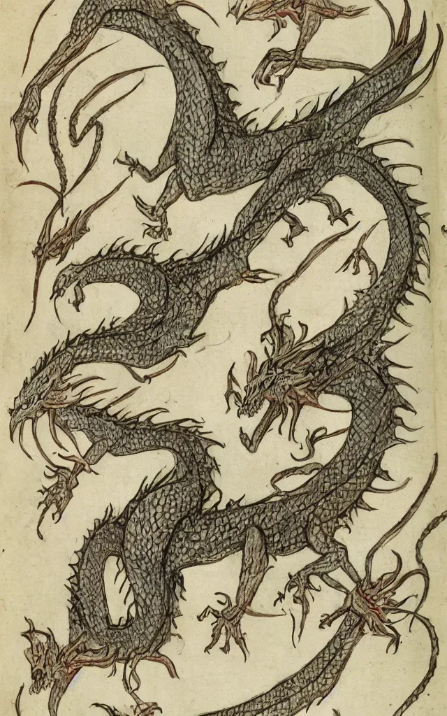 Prompt: a dragon with ten different human frail heads, marginalia manuscript