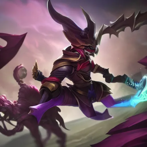 Prompt: League of legends Shaco riding on League of legends Shen back while fighting the baron