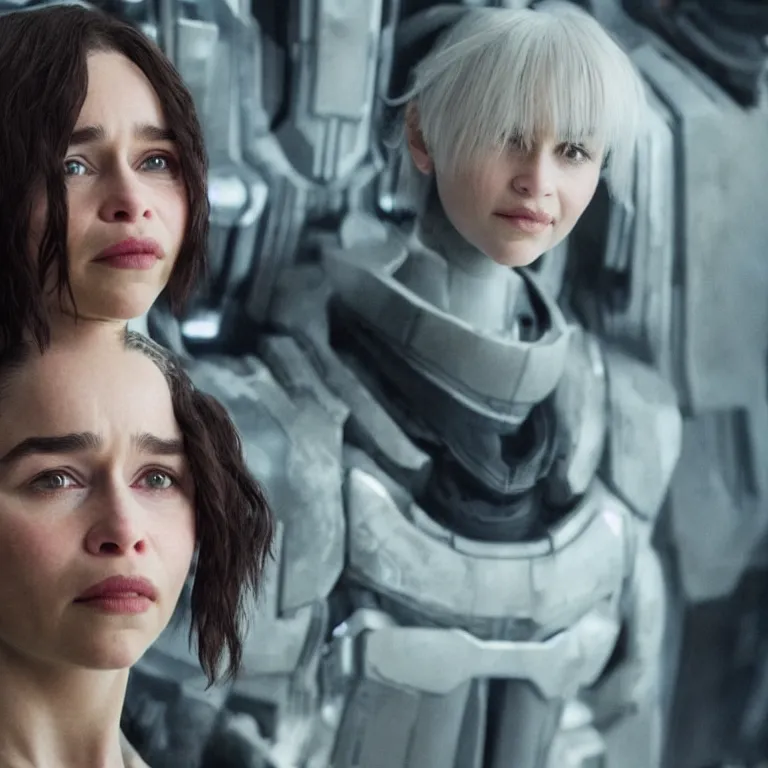 Image similar to scifi emilia clarke looks like ghost in the shell, extremely high detail, smiling woman, cyborg, photorealism, sony a 7 r