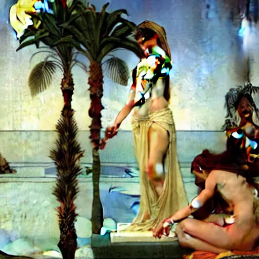 Image similar to Moon girl at the palace, thunderstorm, greek pool, beach and palm trees on the background major arcana sky, by paul delaroche, alphonse mucha and arnold böcklin arnold böcklin hyperrealistic 8k, very detailed