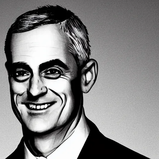 Image similar to digital portrait of secretary of denis mcdonough face, glowing eyes, light shining from eyes, evil laugh, menacing, villain, clean lines, clean ink