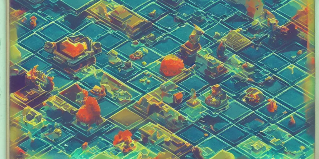 Prompt: isometric vintage analog polaroid photography of an alien planet, color bleed, tiles, videogame