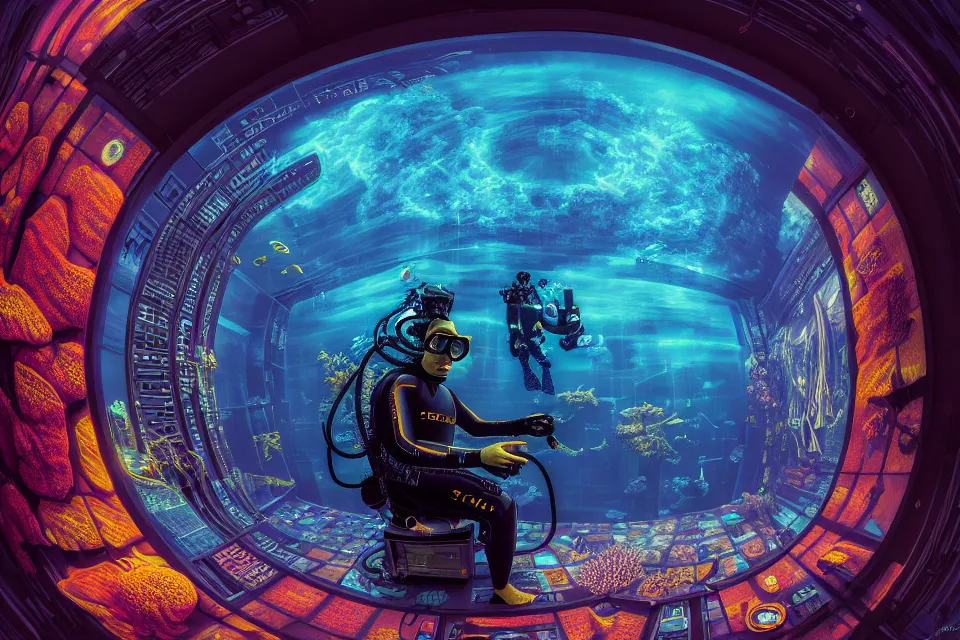 Image similar to detailed portrait of a cyberpunk scuba diver inside a dmt portal, cinematic lighting, corals, big mirrors, stacked computer screens, science lab, fish eye lens, wide angle, 8 k high resolution, by james r eads and tomasz alen kopera