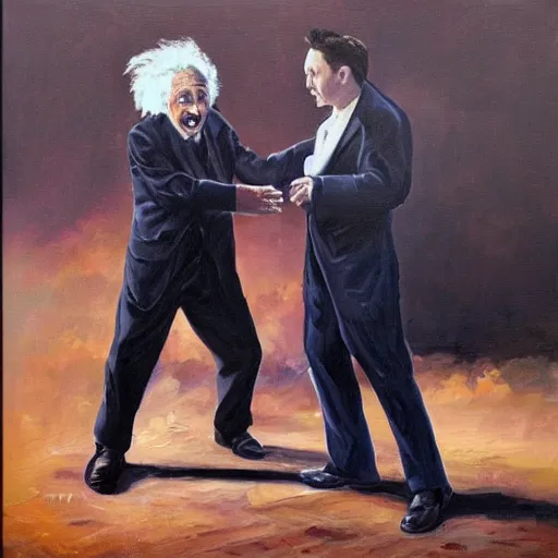 Image similar to Albert Einstein and Elon Musk fistfighting, oil painting