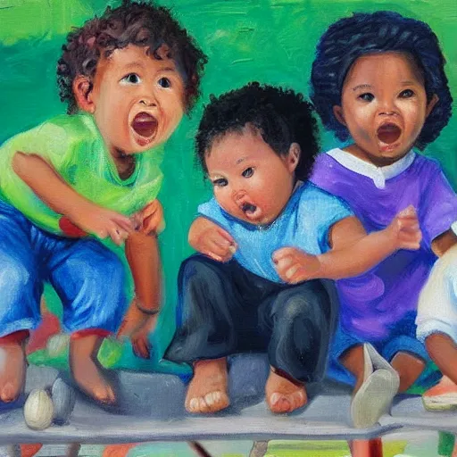 Image similar to an ethnically diverse group of toddlers. white. asian. hispanic. african. playing on a playground. oil on canvas exquisite. smooth. sharp focus. award winning. 8 k