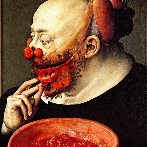 Image similar to a chef sitting in a bathtub full of tomato sauce, dinner is served, by giuseppe arcimboldo and ambrosius benson, renaissance, fruit, intricate and intense oil paint, realistic