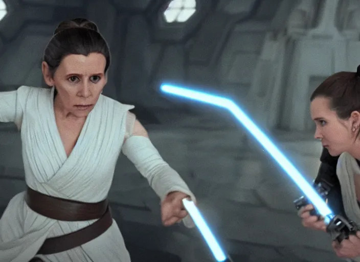 Image similar to Leia using the force at Jedi Temple scene from the last jedi, 2022, film by Stanley Kubrick, serene, iconic scene, stunning cinematography, hyper detailed, sharp, anamorphic lenses, kodak color film, 4k