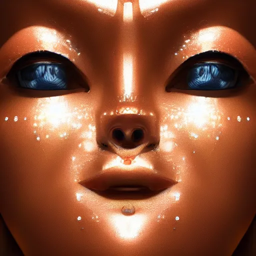 Prompt: closeup of sweating robot cyborg forehead, big drops of sweat, forehead only, by Hajime Sorayama, airbrush art, symmetric face, beautiful face, highly realistic, star flares, trending on artstation, beautiful lighting, sharp, details, hyper-detailed, HD, HDR, 4K, 8K