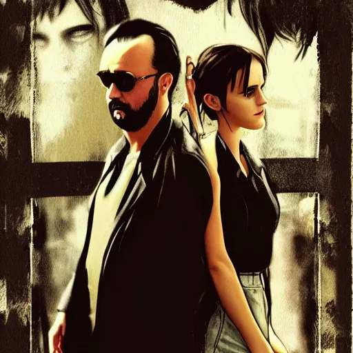 Image similar to Emma Watson and Jean Reno in Leon The Professional, movie poster, digital art