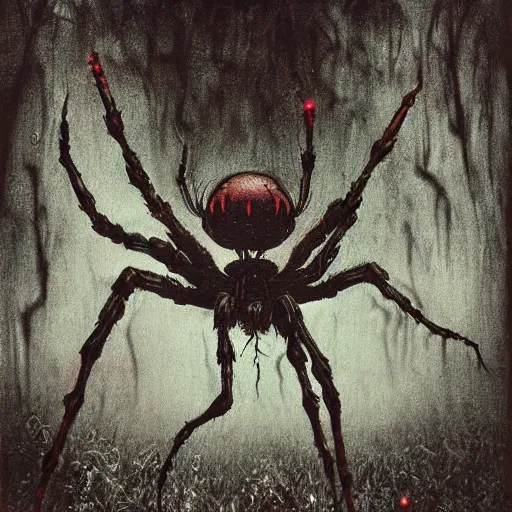 Image similar to horrific grotesque spider in the dark woods, high detailed realistic beksinski style photograph, shot on polaroid