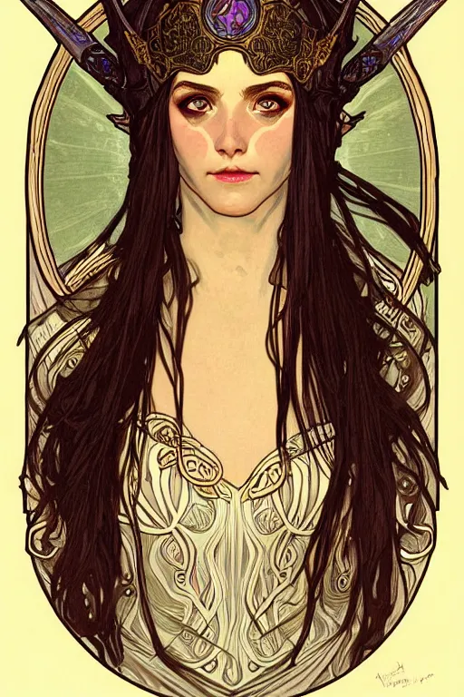 Image similar to head and shoulders portrait of an eldritch knight, elf, beautiful, female, breastplate, magical, high fantasy, d & d, by alphonse mucha, face details, extremely detailed, digital illustration