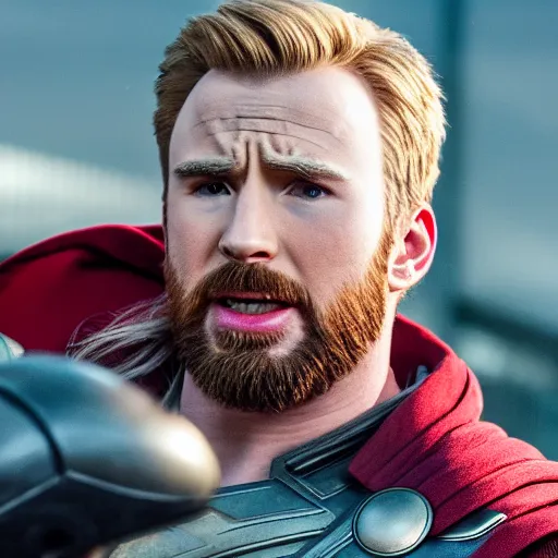 Prompt: chris evans as thor, marvel cinematic universe, mcu, canon eos r 3, f / 1. 4, iso 2 0 0, 1 / 1 6 0 s, 8 k, raw, unedited, symmetrical balance, in - frame,