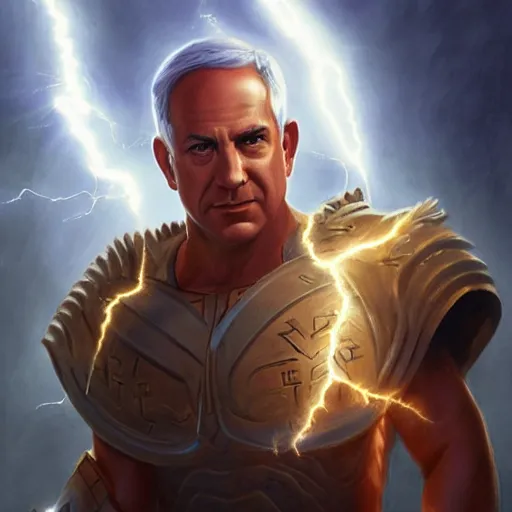 Image similar to benjamin netanyahu as the greek god of lightning, lightning bolts, highly detailed, ultra clear, by artgerm and greg rutkowski