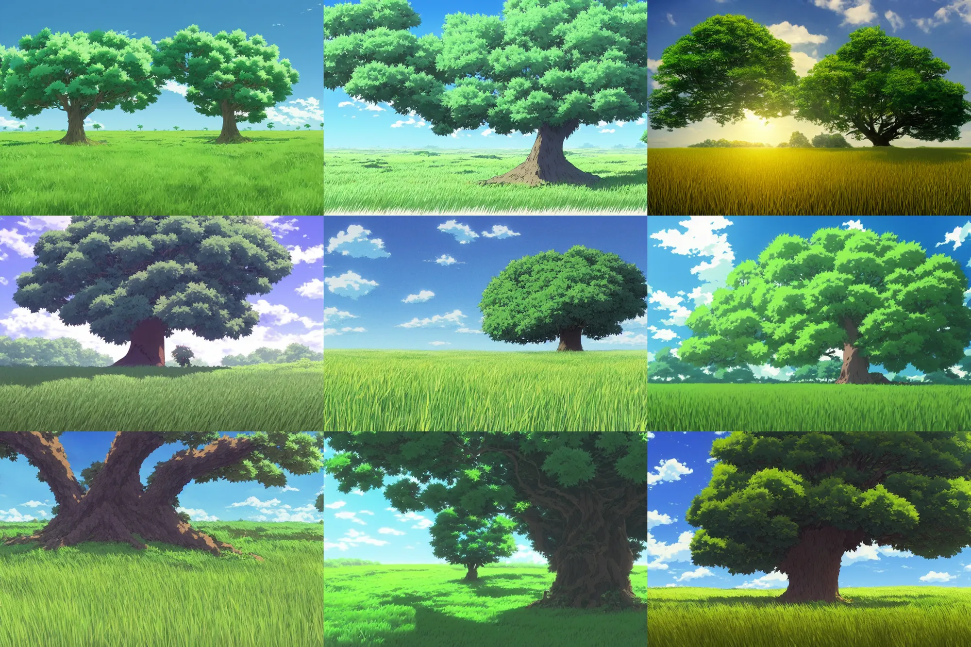 Prompt: big single tree in a field of grass, direct sunlight, detailed, sharp focus, anime style, by studio ghibli and kazuo oga