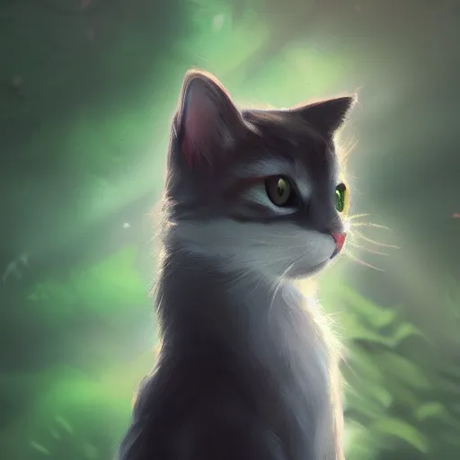 Image similar to a portrait of a cat in the forest, trending on artstation, trending on furaffinity, digital art, by kawacy, anime, furry art, warm light, backlighting, cartoon, concept art