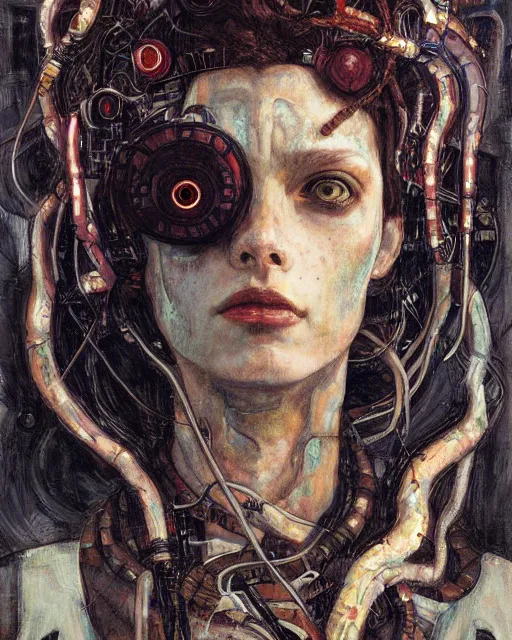 Prompt: portrait of a cyberpunk medusa by greg rutkowski in the style of egon schiele