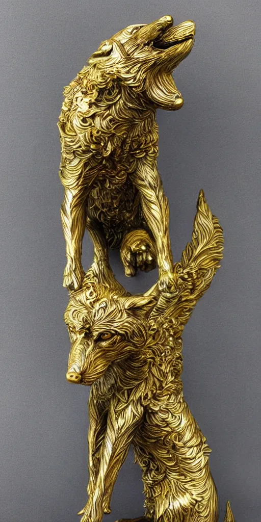 Image similar to gorgeous wolf statue with gold filigree