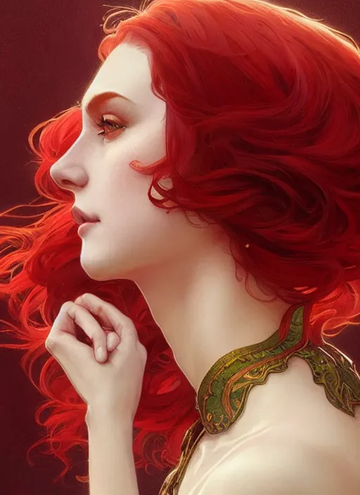Prompt: Red short hair portrait of a man, fantasy, intricate, elegant, highly detailed, digital painting, artstation, concept art, smooth, sharp focus, illustration, art by artgerm and greg rutkowski and alphonse mucha