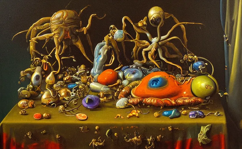 Prompt: strange painting by christian rex van minnen, enticing colorful oil painting dutch golden age vanitas eyes everwhere still life sparse composition with bulbous objects strange transparent surfaces shiny metal reflections bizarre mutant meat insects rachel ruysch dali todd schorr very detailed perfect composition rule of thirds masterpiece canon 5 0 mm, cinematic lighting, photography, retro, film, kodachrome