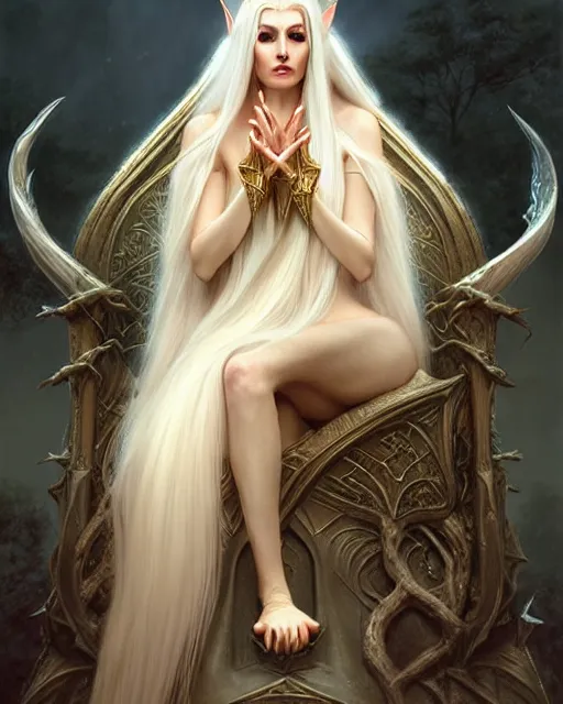 Prompt: tall elven queen sitting on the throne, full body, long white hair, pale skin, golden eyes | | realistic shaded, fine details, fine - face, realistic shaded lighting poster by greg rutkowski, magali villeneuve, artgerm, jeremy lipkin, michael garmash, rob rey