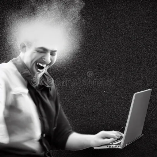 Image similar to person laughing burning a laptop, stock image