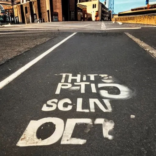 Prompt: Photorealistic photo of pits on the pavement, each pit contains a wooden sign with an inscription, smartphone photo, photo in the center of the road, realism, high quality, sunlight, 4k, beautiful, modern photography, color image