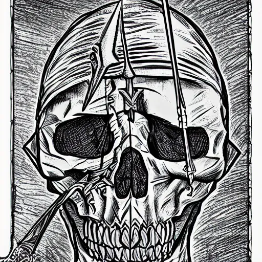 Image similar to high detailed drawing of a piramid whit one eye open, an a skull whith a sword Geoff Darrow style