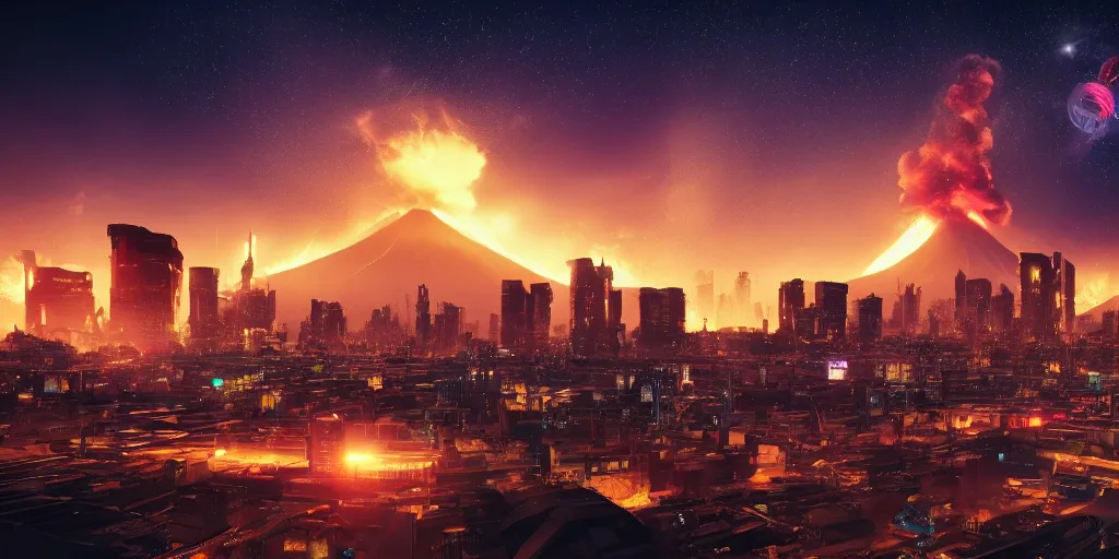 Prompt: large cyberpunk city on fire with volcano erupting in the background and several planets in the sky, sharp focus, highly detailed, night