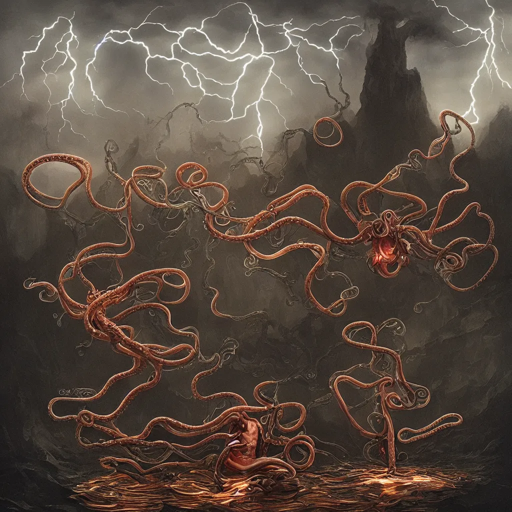 Prompt: An amorphic being with tentacles of liquid reflective copper and chrome emerges from the dark surreal ether, mist amidst lightning, high contrast lighting, backlit by Michael Whelan, hyper realistic