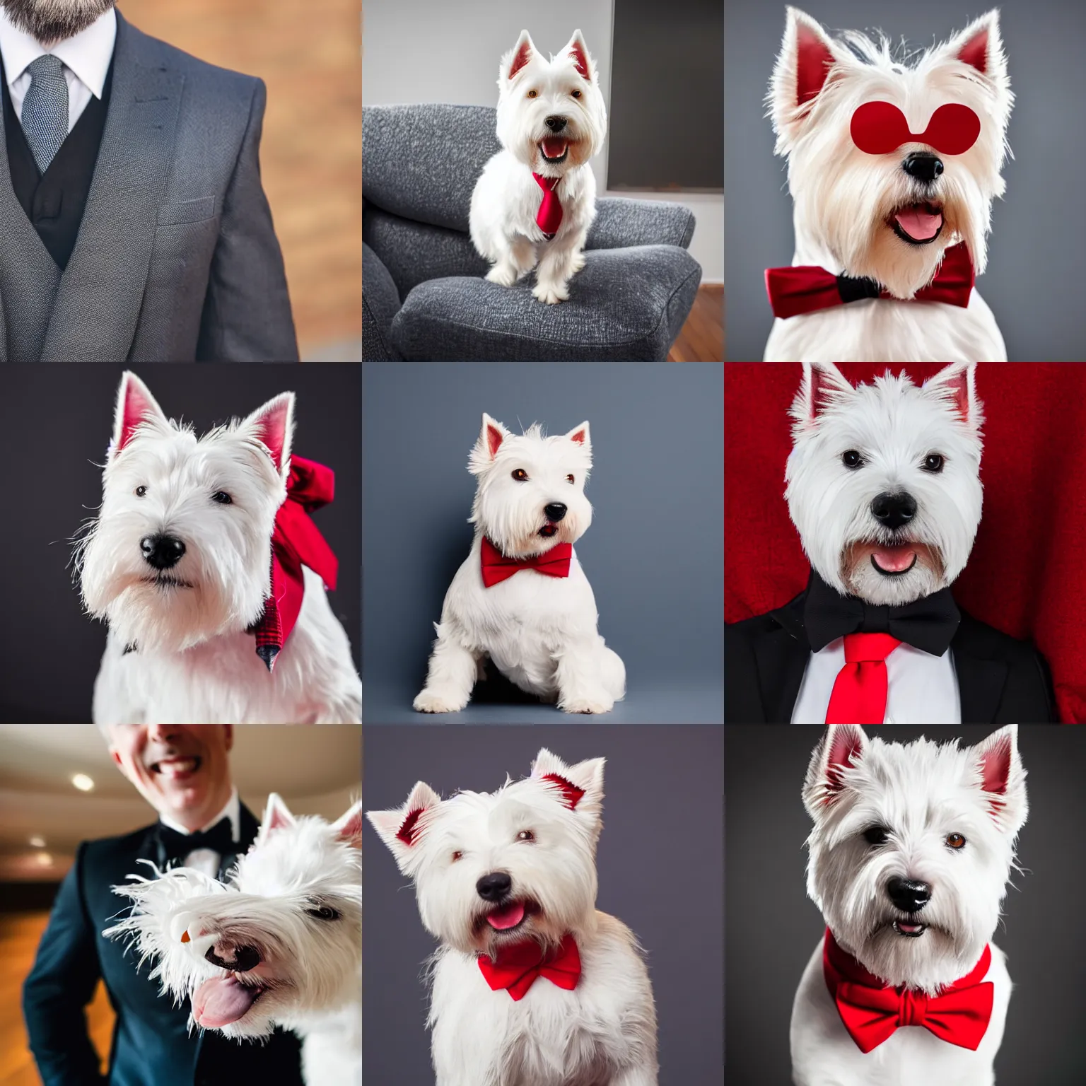 Prompt: a high detail shot of a west highland white terrier wearing a black suit and red tie, smiling, realism, 8k