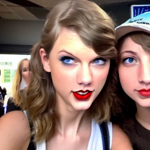 Image similar to a selfie of taylor swift and emily rudd, medium shot, detailed eyes,