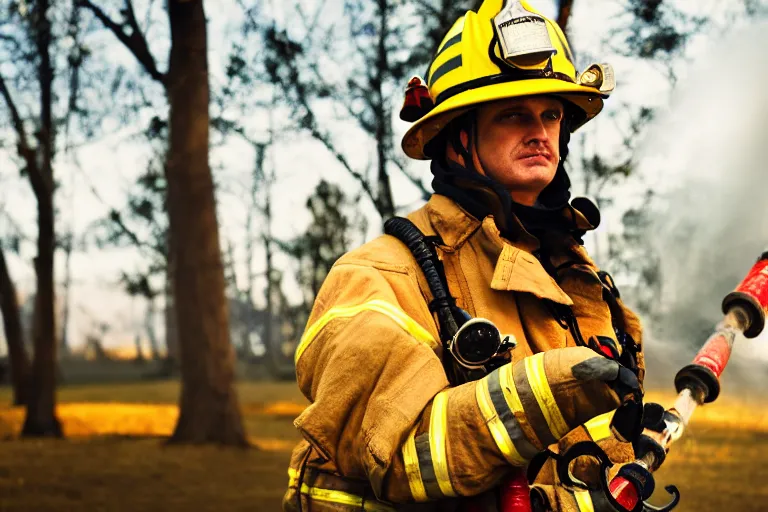 Image similar to fireman, ultra realistic!!!, clear weather, golden hour, sharp focus