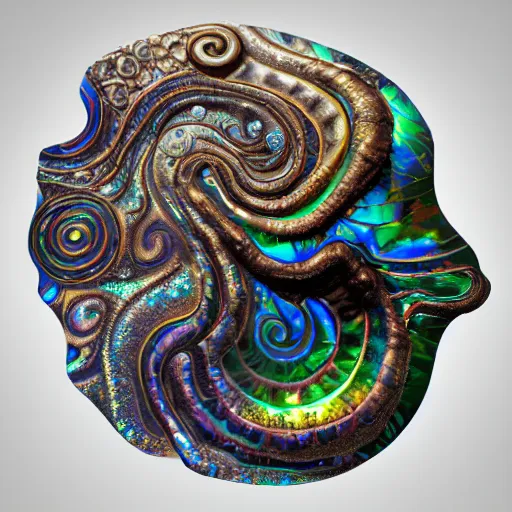 Image similar to mask, Art Nouveau cresting oil slick waves, hyperdetailed bubbles in a shiny iridescent oil slick wave, ammolite, dinosaur bone, detailed giant opalized ammonite shell, black opal, abalone, paua shell, ornate copper patina medieval ornament, rococo, organic rippling spirals, octane render, 8k 3D, druzy geode, cresting waves and seafoam, mask