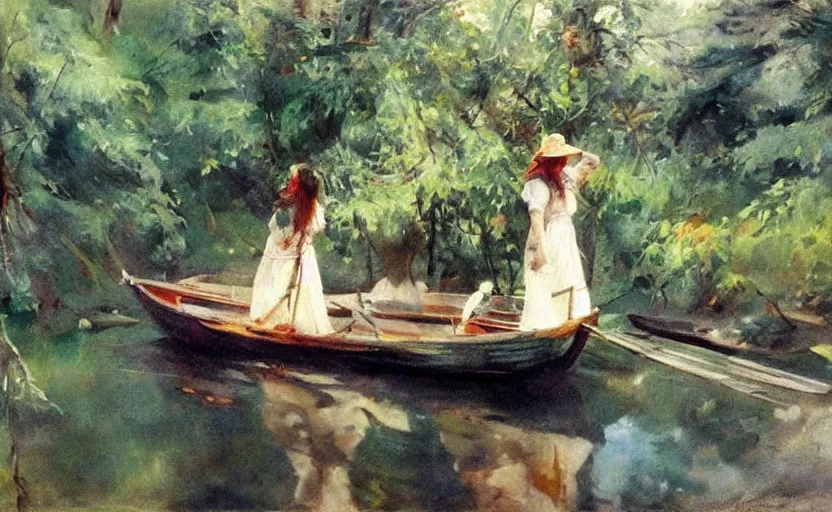 Image similar to oil painting by anders zorn, wild forest, very very very very beautiful art, dramatic light, strong shadows, reflections, boat with colorful sail and white dress