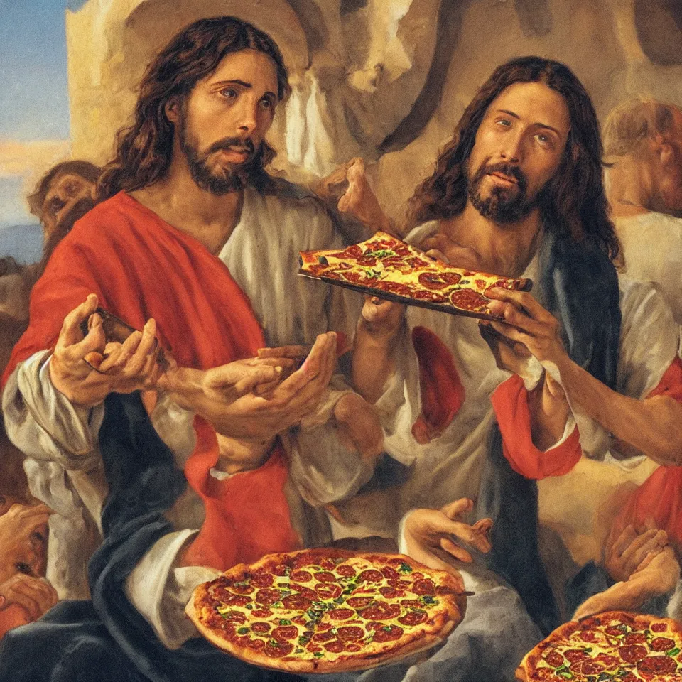 Prompt: Jesus eating pizza