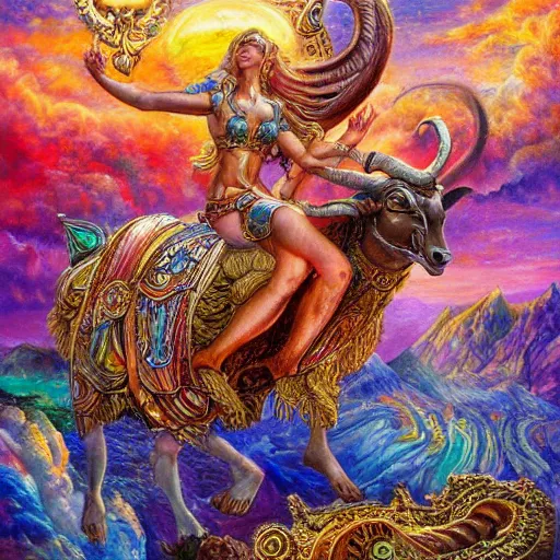 Prompt: a goddess riding a ram while checking her cell phone, by josephine wall, senior concept artist, fantasy art for the zodiac sign aries, erupting volcano and sunrise in distance in background, acrylic on canvas, intricately detailed, high resolution trending on artstation