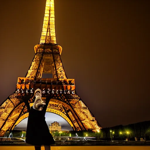 Prompt: woman dancing in front of the Eiffel tower, photograph, dramatic lighting