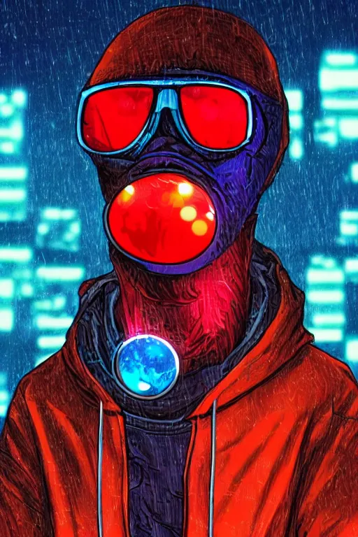 Prompt: cyber monkey in the hoodie with with sunglasses hacking the system during the night with a blue red syren lights, lunarpunk, cinematic, ultra detailed, hyperrealistic
