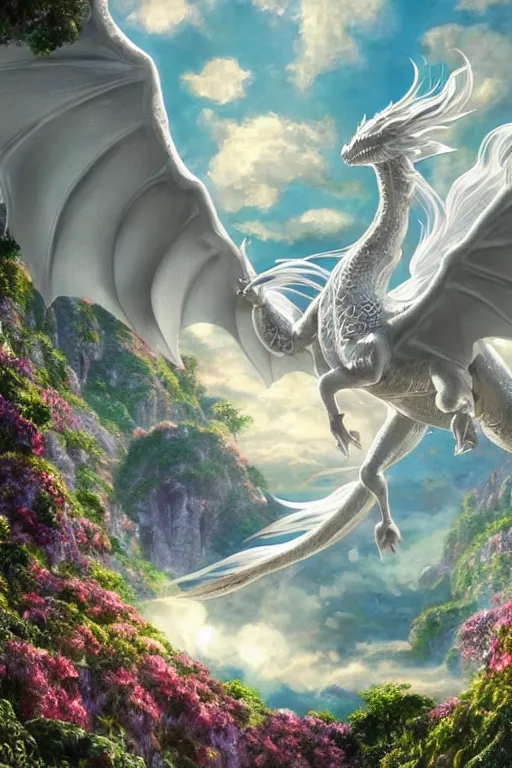 Image similar to beautiful scene render that a princess ride on a huge silver white dragon back, finely detailed angelic face delicate features directed gaze, in the fairyland surrounded by white clouds, style of makoto shinkai, raphael lacoste, louis comfort tiffany, artgerm, james jean, ross tran, 8 k hd, ultra wide angle, animation style, hyper detailed