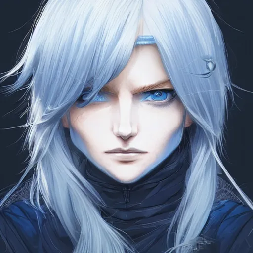 Image similar to cryomancer, flowing white hair, blue eyes, parka, androgynous, beautiful, detailed symmetrical close - up portrait, intricate complexity, in the style of artgerm and ilya kuvshinov, cel - shaded