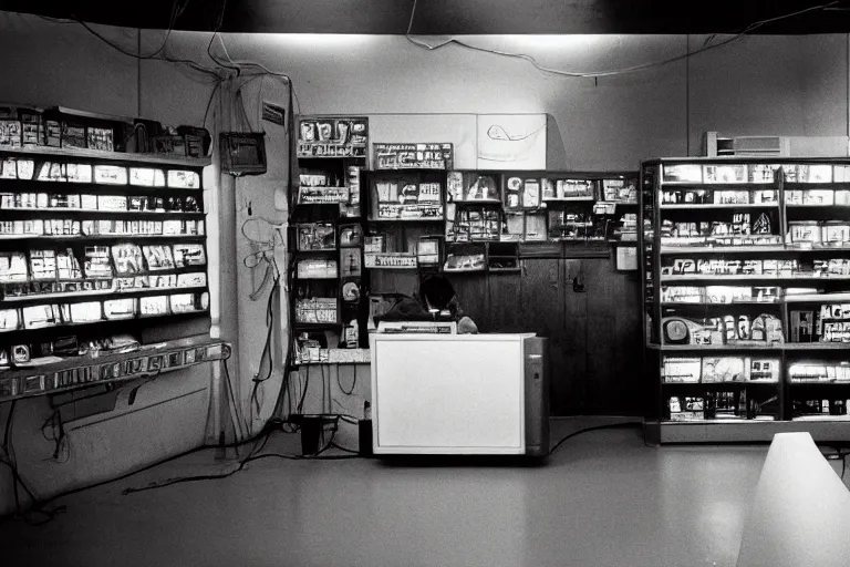 Prompt: large metallic skull attached to an infinitely long coiled cable, stoic and calm, inside of an unlit 1970s convenience store with a soviet computer console on the wall, ektachrome photograph, volumetric lighting, f8 aperture, cinematic Eastman 5384 film