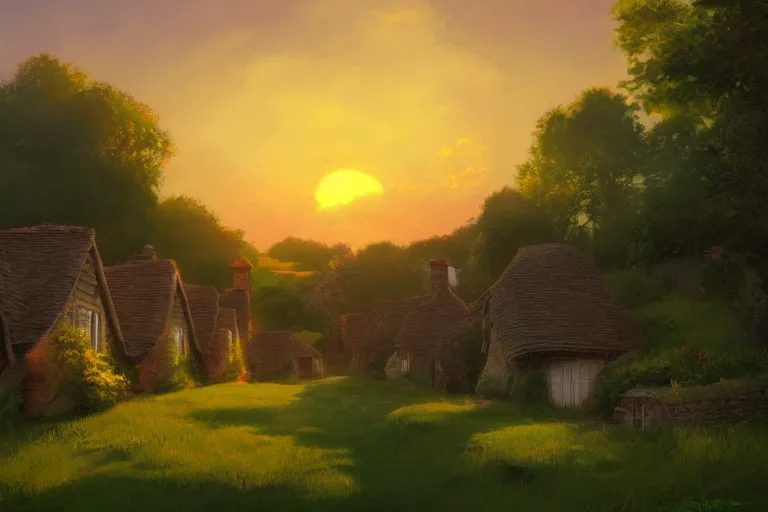 Image similar to sunset over the cottages in the shire, ghibli, artstation, award wining, rutkowski, shinkai