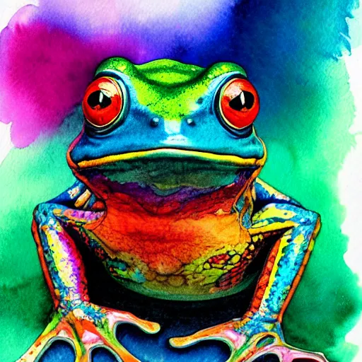 Prompt: a psychedelic watercolor painting of a vibrant and highly poisonous tree frog by android jones and moebius