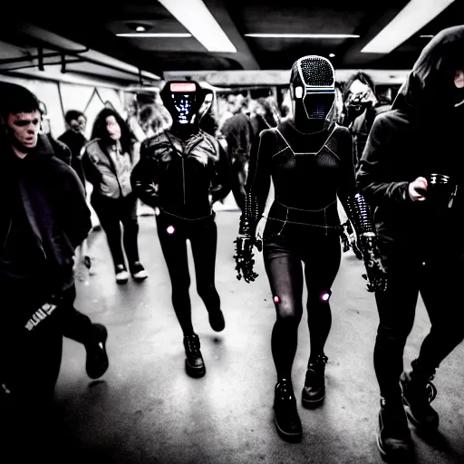 Prompt: photograph of a provocative techwear packed busy rundown nightclub, lots of people, males and females looking afraid and running, variety of sharp sparkly creepy masks, harnesses and garters, some people holding drinks or have robot limbs or have cybernetic mods, tattoos and piercings, retrofuturism, brutalism, cyberpunk, sigma 85mm f/1.4, 15mm, 35mm, long exposure, 4k, high resolution, 4k, 8k, hd, wide angle lens, highly detailed, full color, harsh light and shadow, intoxicatingly blurry