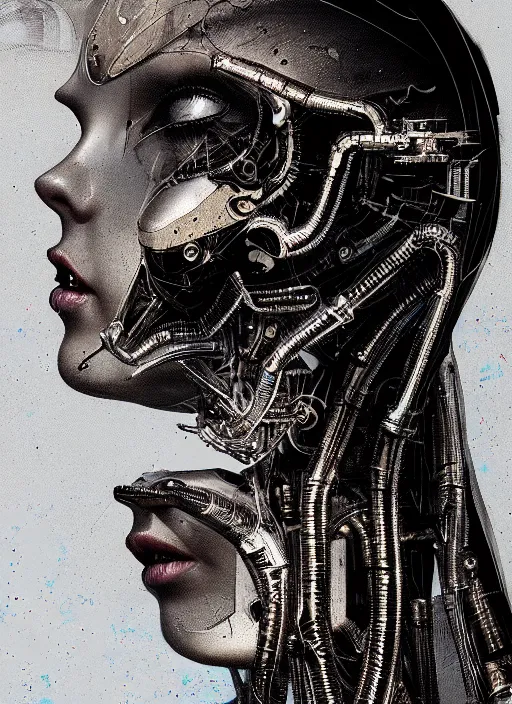 Image similar to a young beautiful female cyborg profile face, by h. r. giger, by ismail inceoglu, by kiki smith, glamor shot, vintage, closeup, f / 2. 8, low contrast, 1 6 k, rim lighting, cinematic lighting, insanely detailed and intricate, hypermaximalist, elegant, ornate, hyper realistic, super detailed