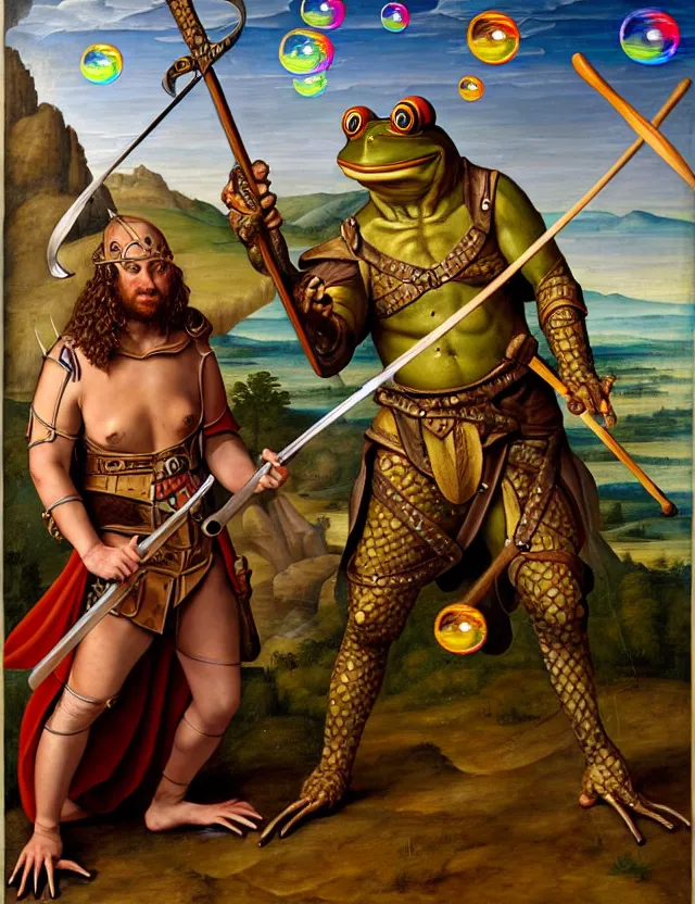 Image similar to anthropomorphic bipedal frog that is dressed as a medieval barbarian, and wielding a club weapon, as a renaissance oil painting and d & d character art, by alex grey, standing, fullbody, floating bubbles, enlightenment, mystic, concept art, award - winning, extremely detailed, sharp focus