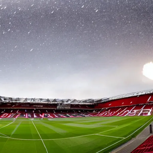 Image similar to max manchester united football stadium old trafford being destroyed, meteorite, end of the world