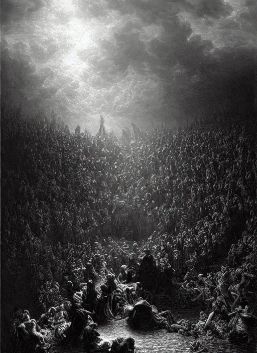 Image similar to hell, epic scene, photorealistic, highly detailed, texture, soft light, dramatic, moody, ambient, painting by gustave dore